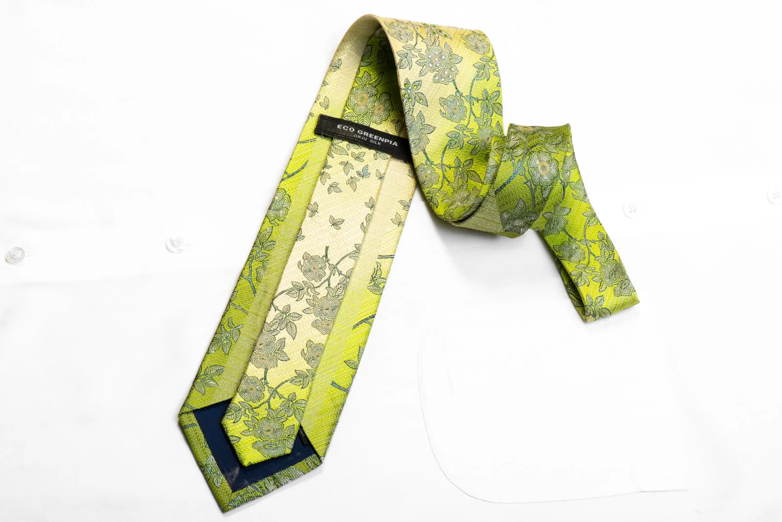 Floral On Green Rhinestone Silk Necktie