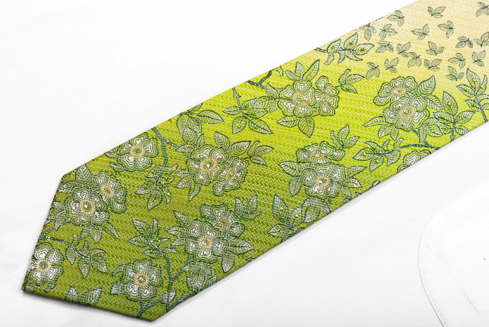 Floral On Green Rhinestone Silk Necktie