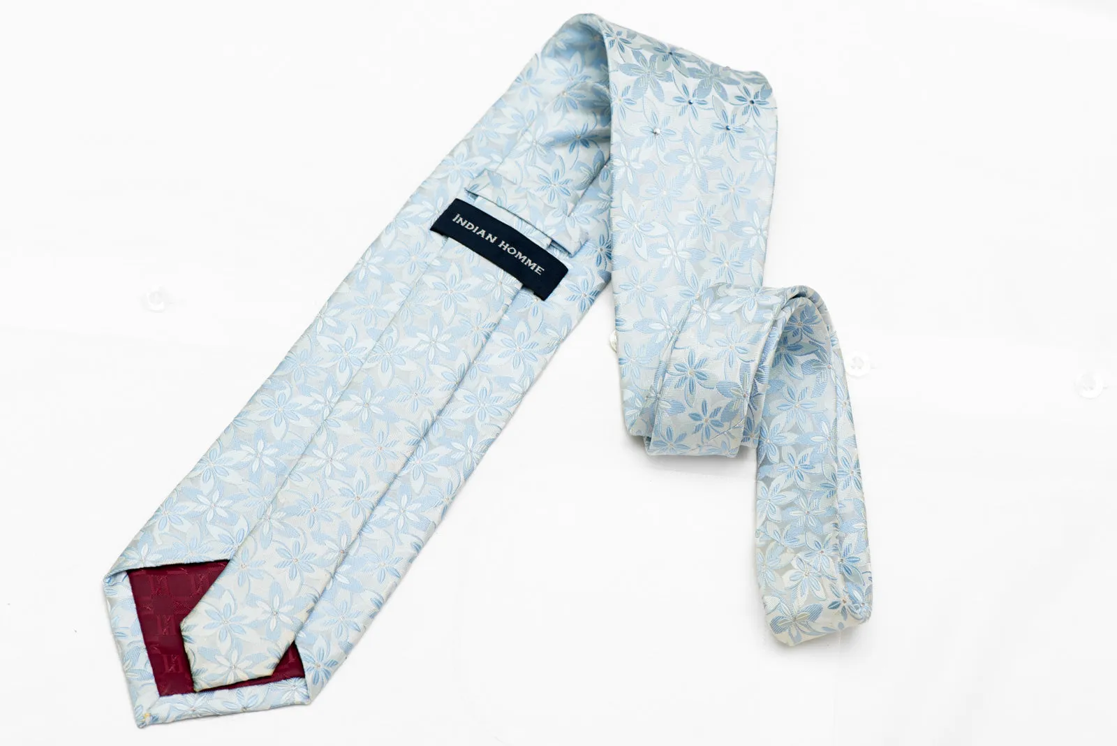 Floral On Pale Blue Rhinestone Silk Necktie With Sparkles