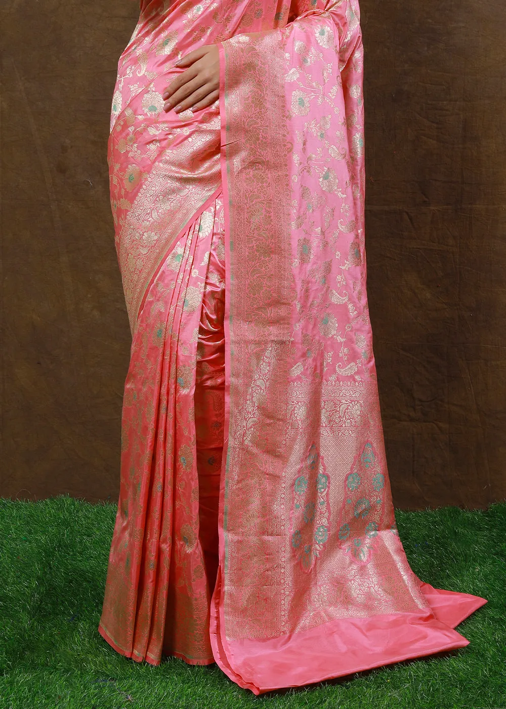 French Pink Hand Woven Pure Katan Silk Saree