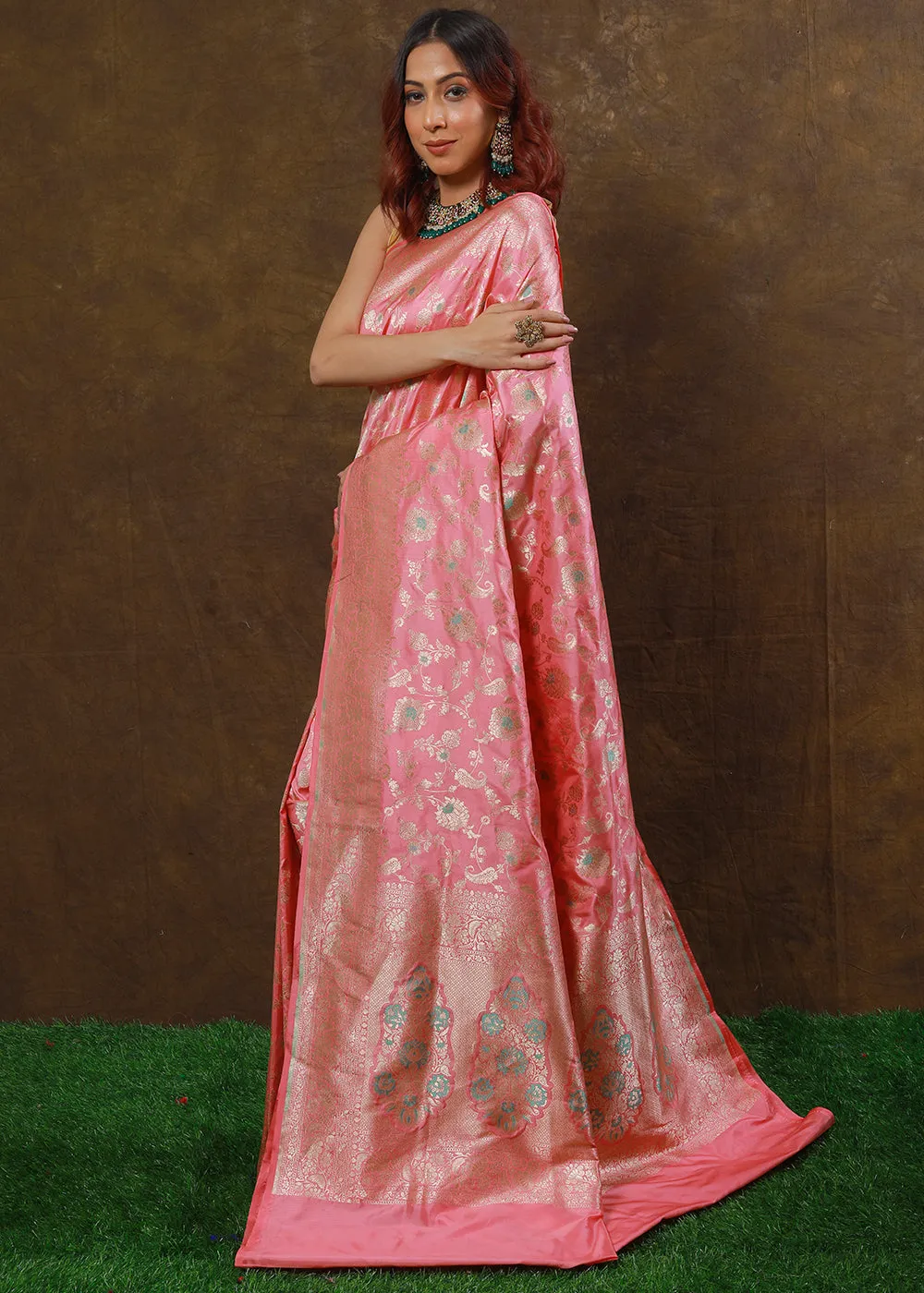 French Pink Hand Woven Pure Katan Silk Saree