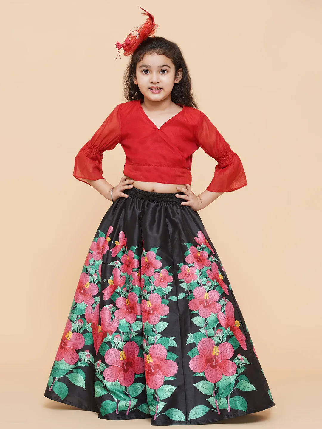 Girls Red & Black Printed Ready To Wear Lehenga & Blouse