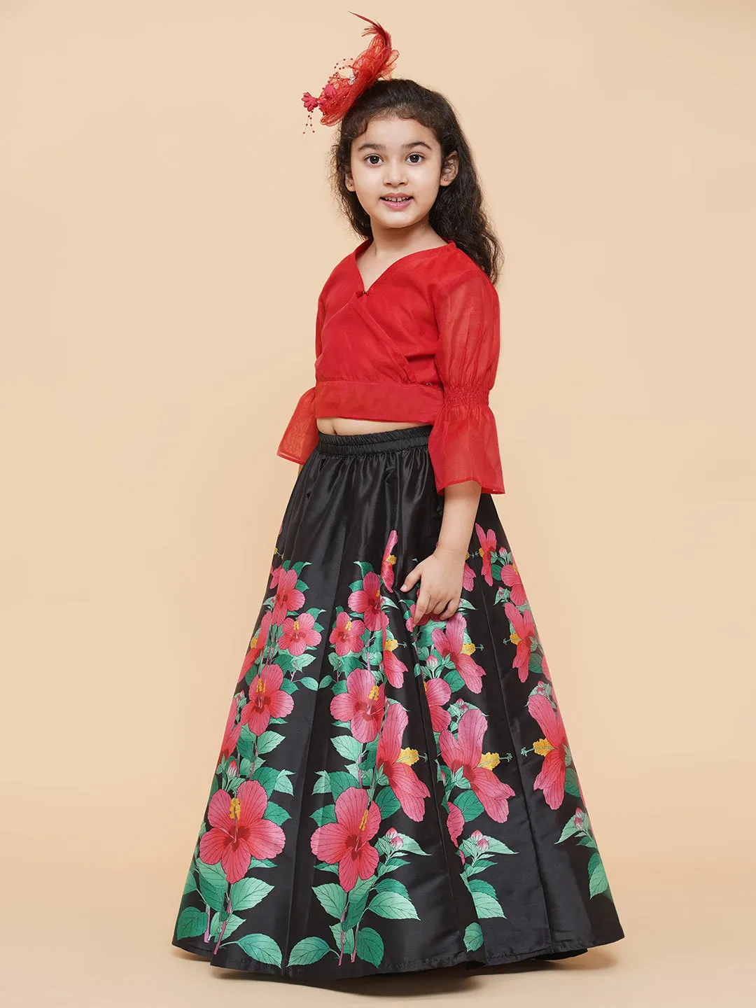 Girls Red & Black Printed Ready To Wear Lehenga & Blouse