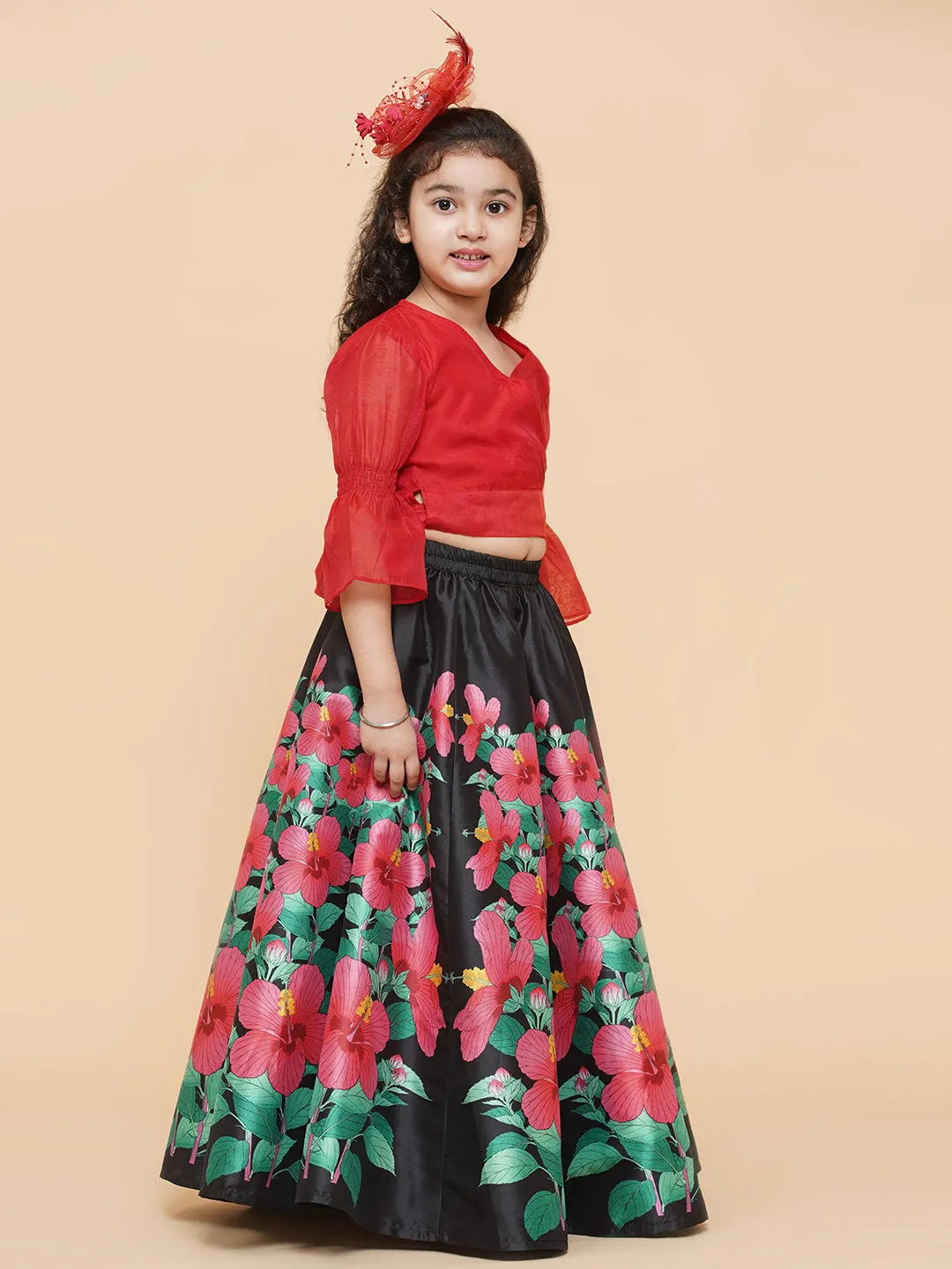 Girls Red & Black Printed Ready To Wear Lehenga & Blouse