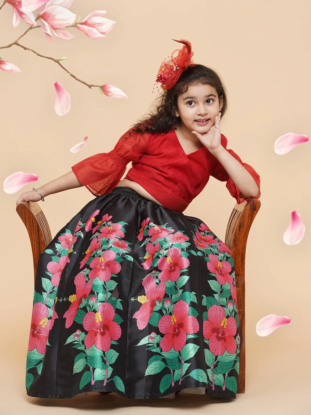 Girls Red & Black Printed Ready To Wear Lehenga & Blouse