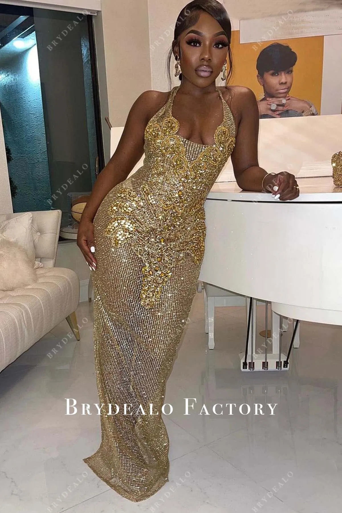 Gold Rhinestones Sequined Halter Floor Length  Prom Dress