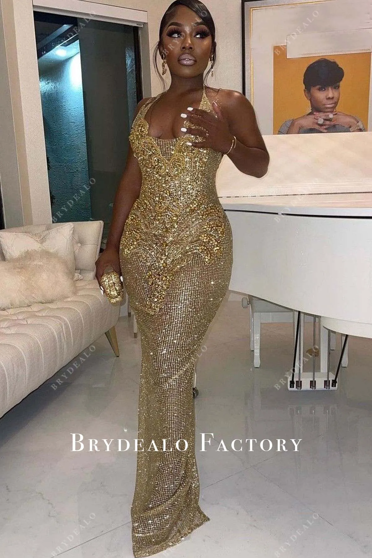 Gold Rhinestones Sequined Halter Floor Length  Prom Dress