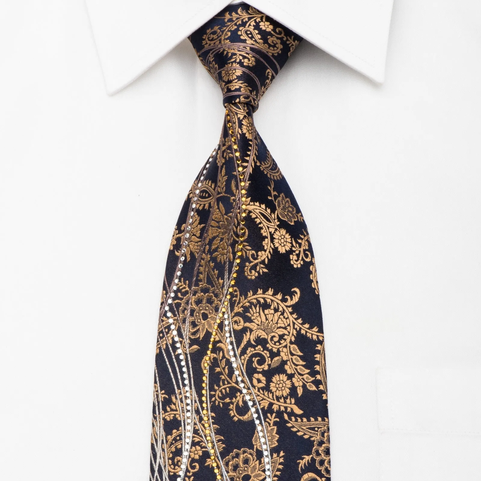 Grand Jour Men's Rhinestone Necktie Gold Anthemion On Navy Silk