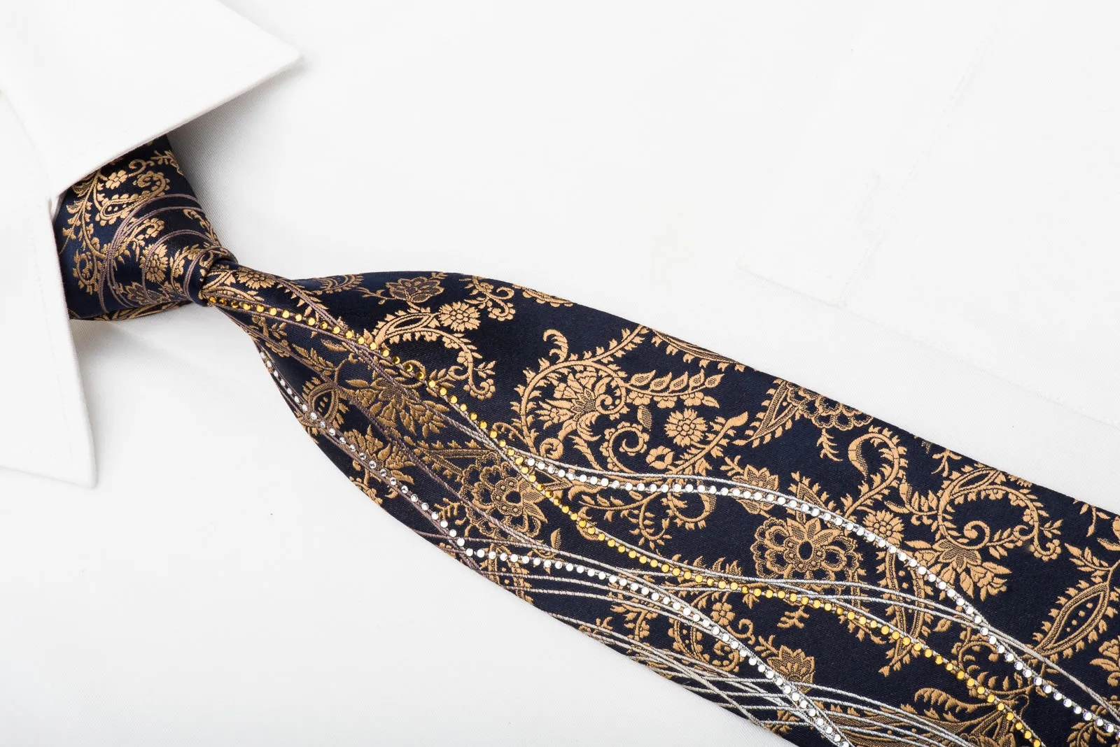 Grand Jour Men's Rhinestone Necktie Gold Anthemion On Navy Silk