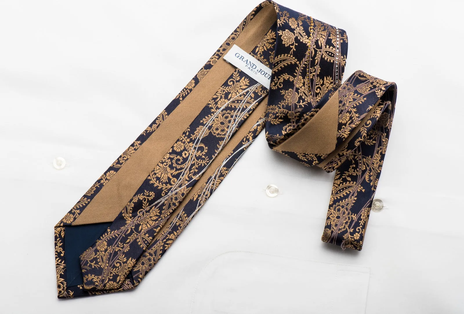 Grand Jour Men's Rhinestone Necktie Gold Anthemion On Navy Silk