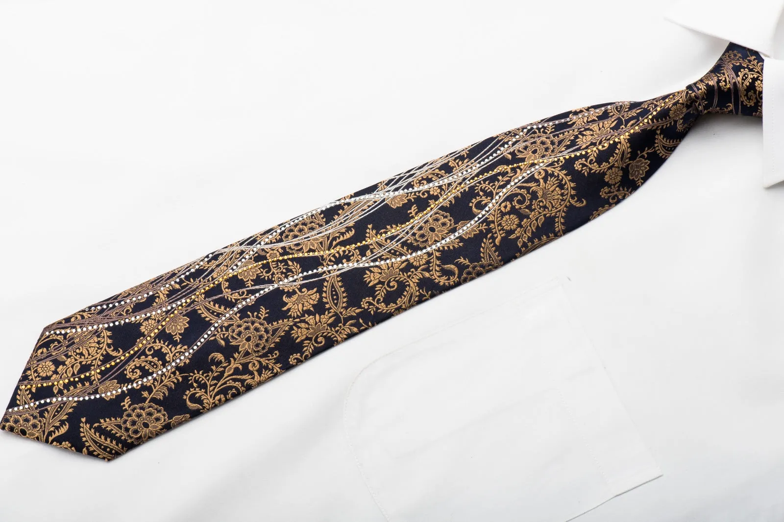 Grand Jour Men's Rhinestone Necktie Gold Anthemion On Navy Silk