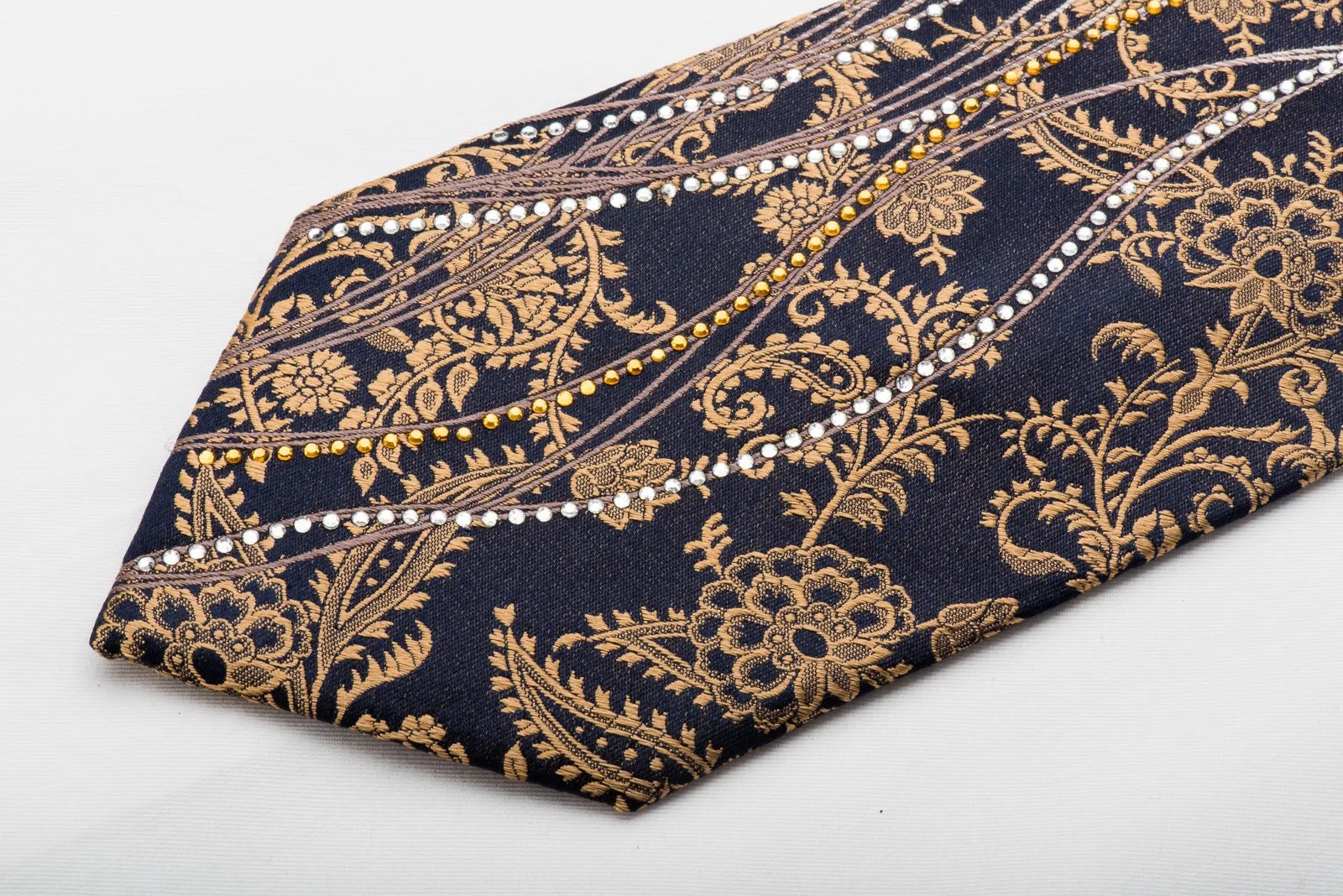 Grand Jour Men's Rhinestone Necktie Gold Anthemion On Navy Silk