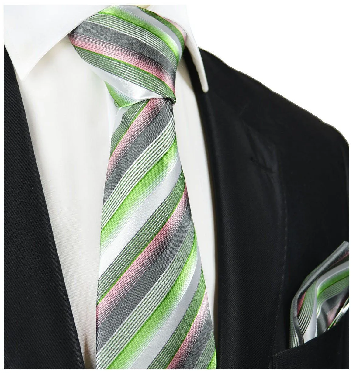 Green and Pink Striped Silk Tie and Pocket Square