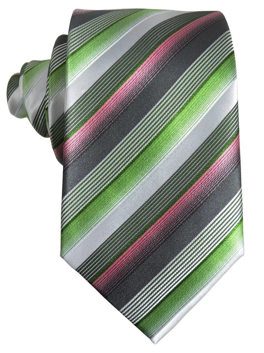 Green and Pink Striped Silk Tie and Pocket Square