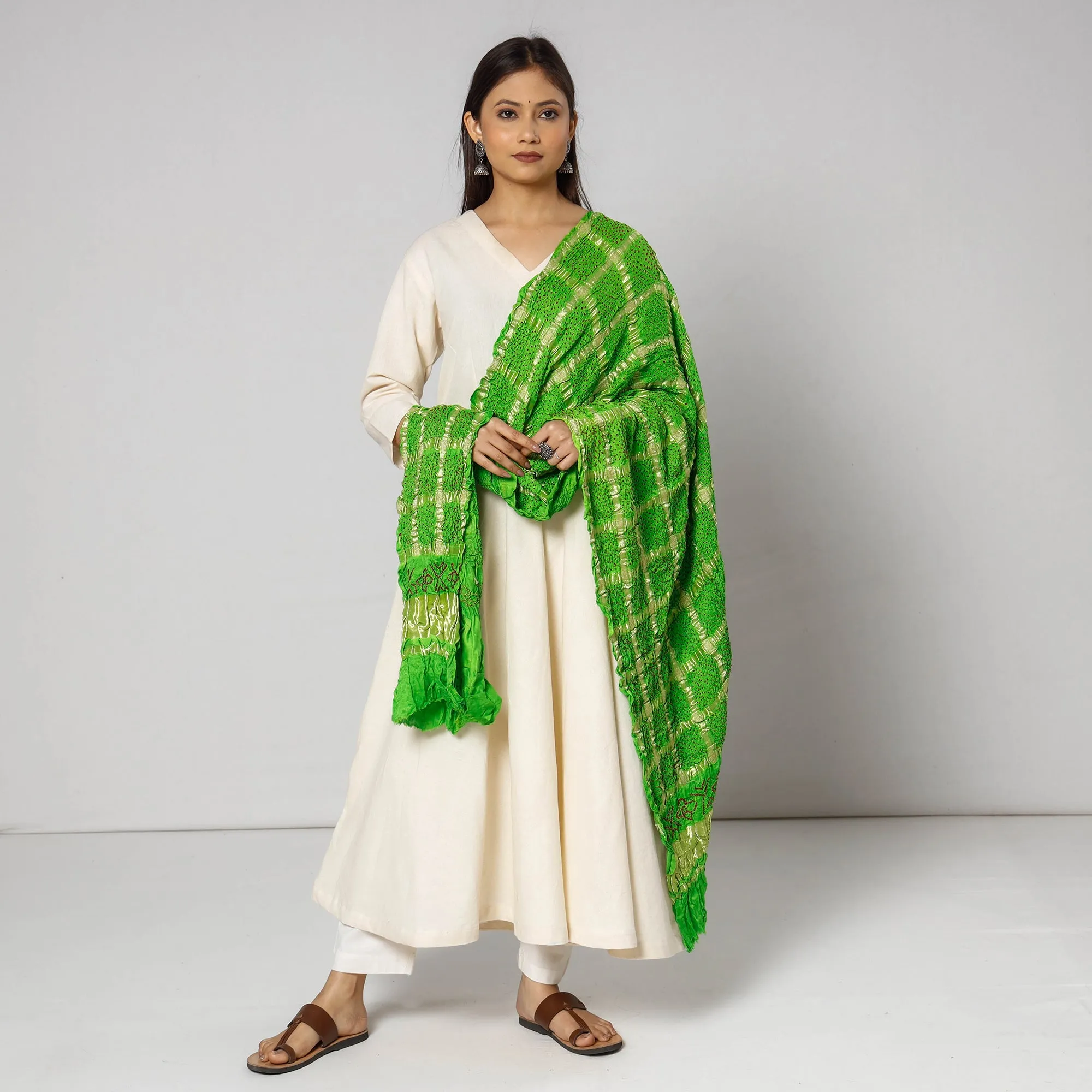 Green - Kutch Bandhani Tie-Dye Zari Checks Modal Silk Dupatta