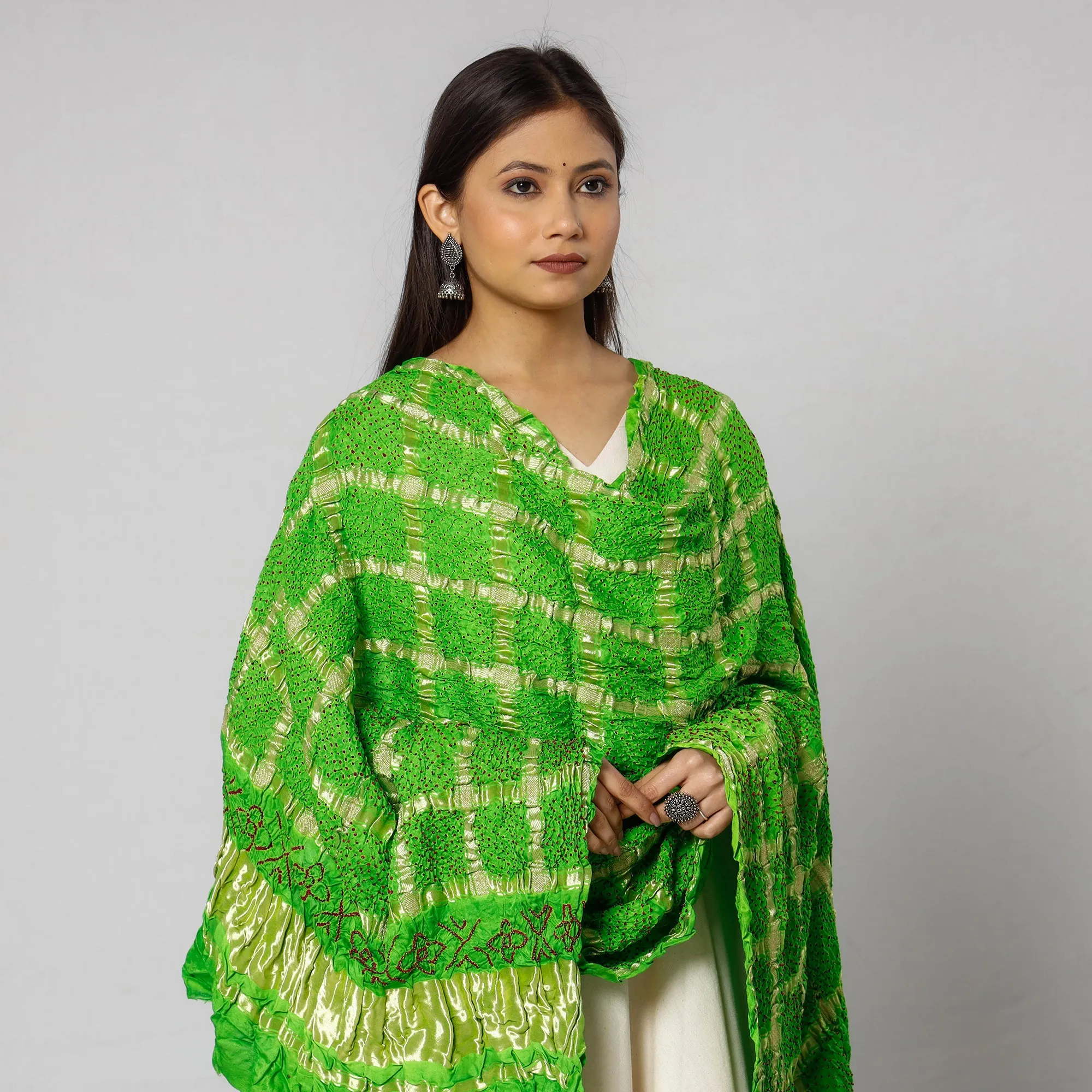 Green - Kutch Bandhani Tie-Dye Zari Checks Modal Silk Dupatta