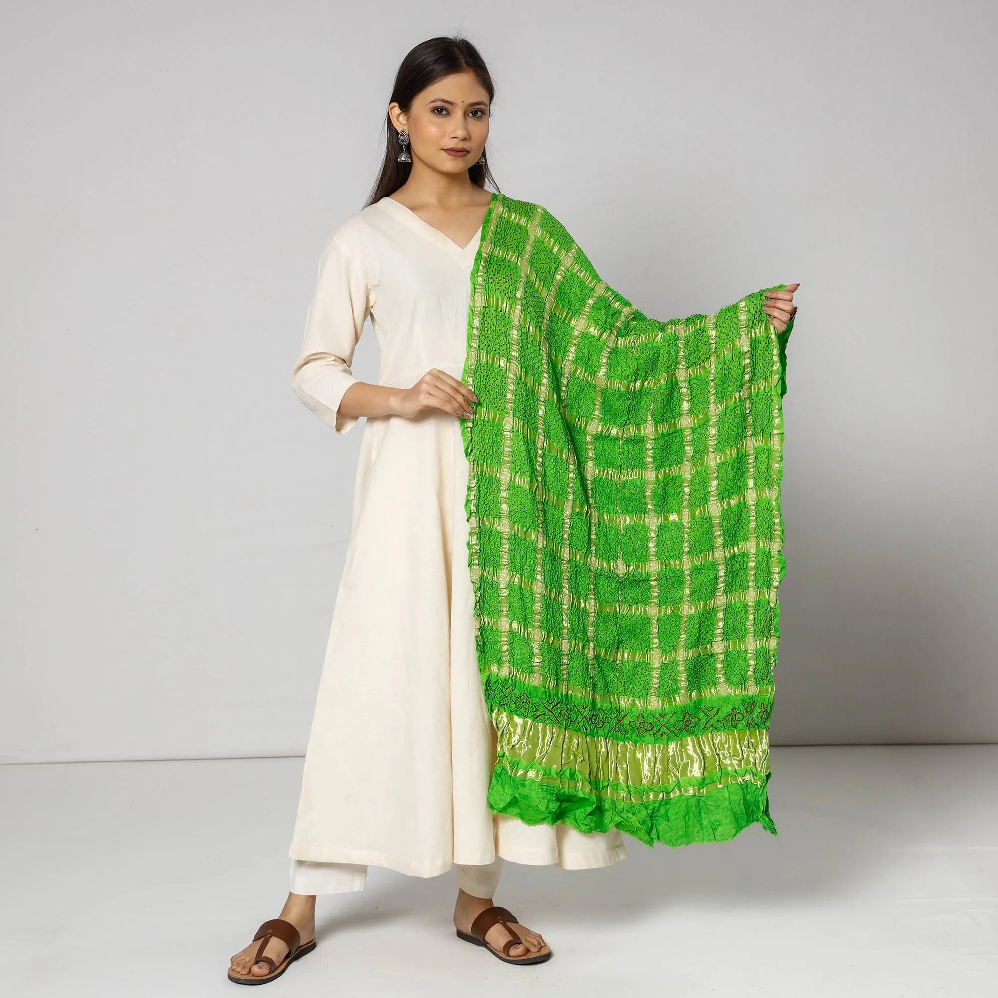 Green - Kutch Bandhani Tie-Dye Zari Checks Modal Silk Dupatta