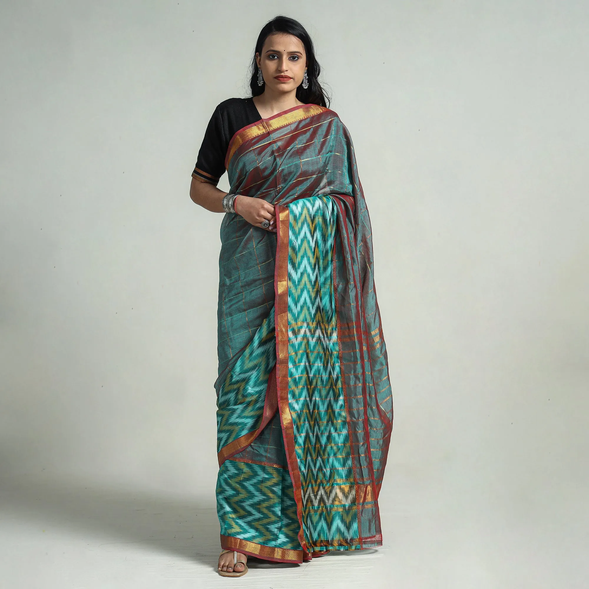 Green - Mangalagiri Handloom Silk-Cotton Zari Checks Saree