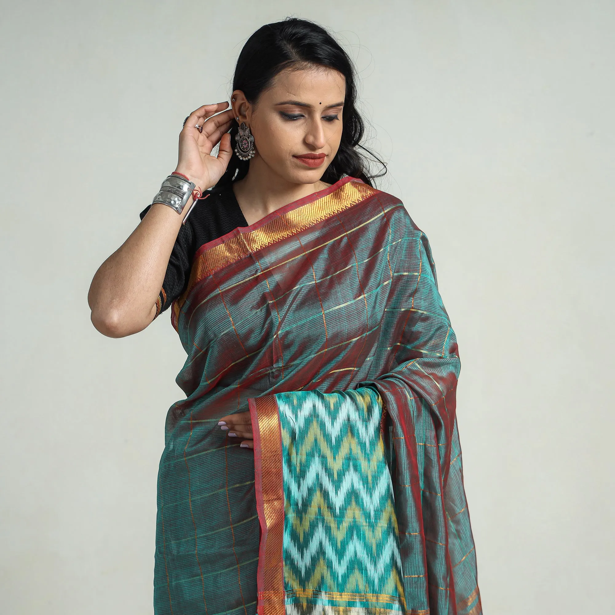 Green - Mangalagiri Handloom Silk-Cotton Zari Checks Saree