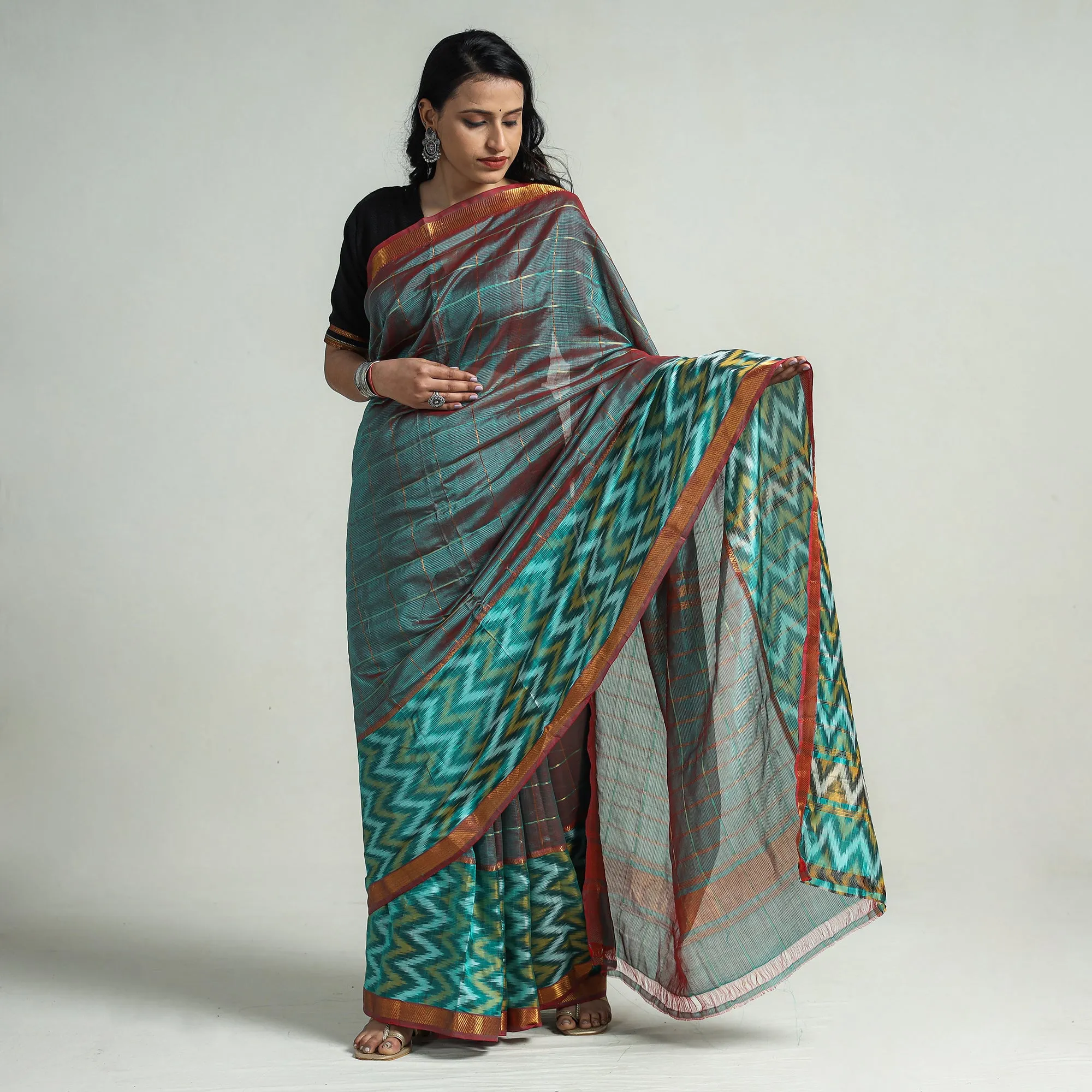 Green - Mangalagiri Handloom Silk-Cotton Zari Checks Saree