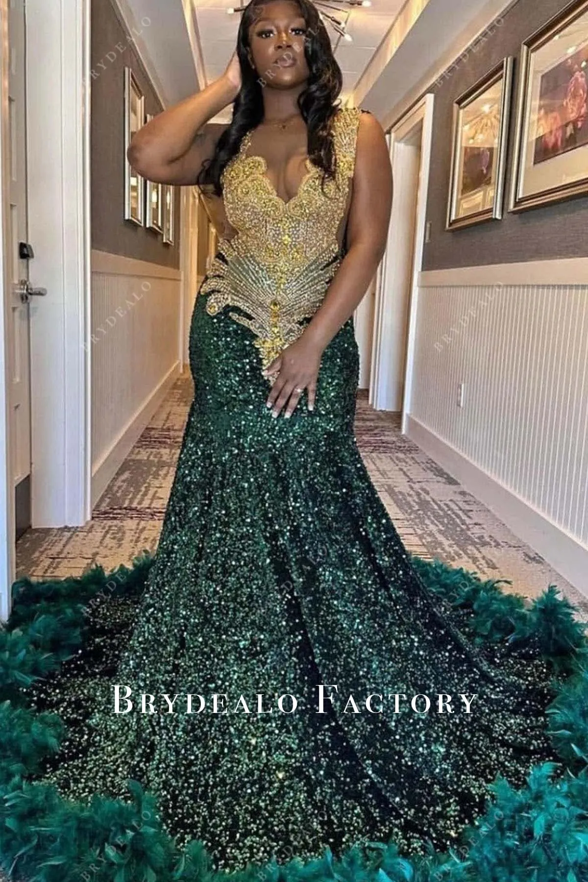 Green Sequin Feather Gold Rhinestones Mermaid Prom Dress