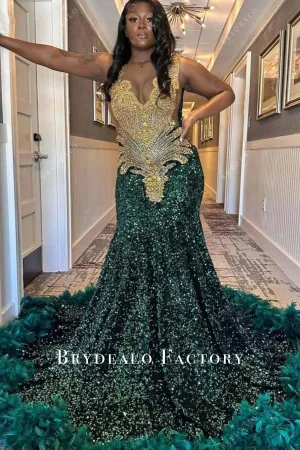 Green Sequin Feather Gold Rhinestones Mermaid Prom Dress