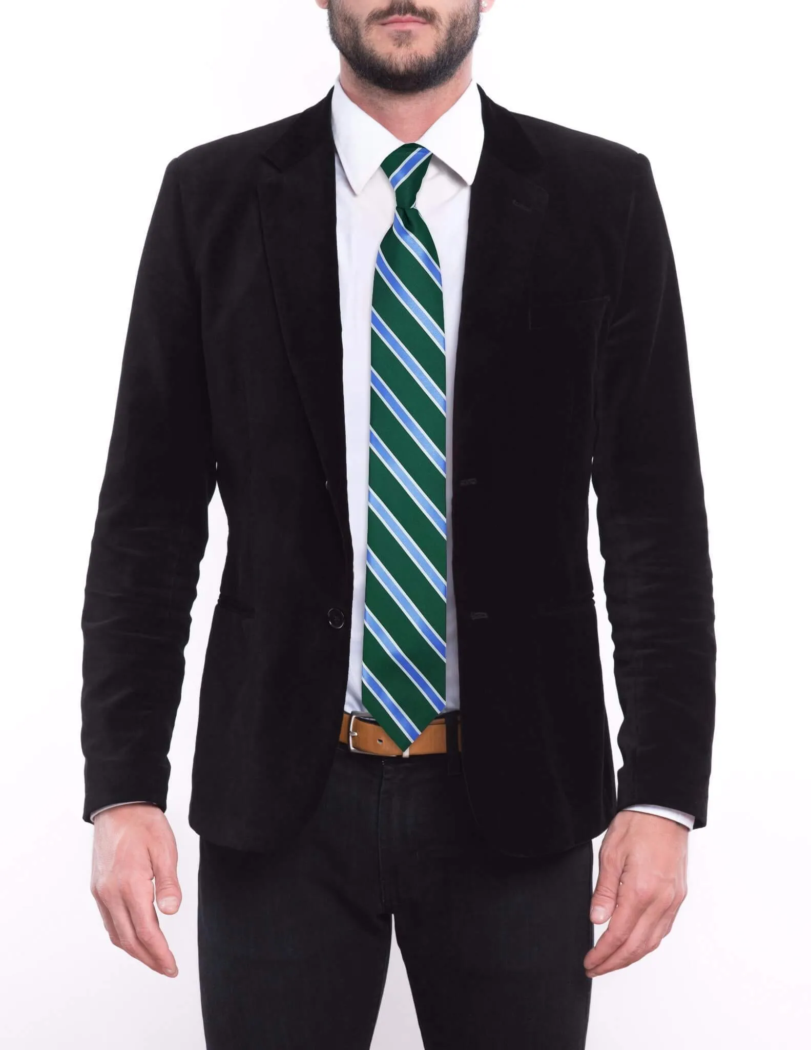 Green with Blue White Stripes Traditional Tie