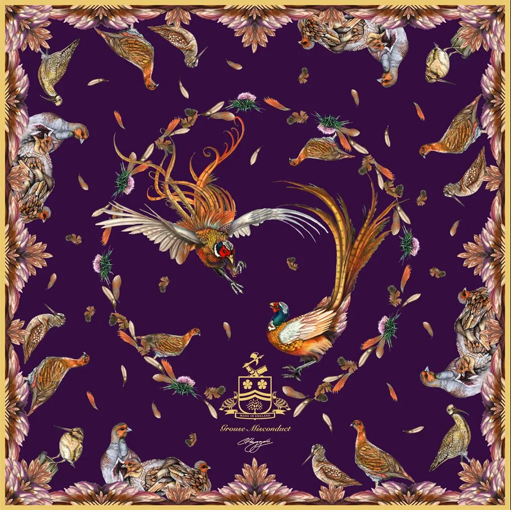 Grouse Misconduct Aubergine & Gold Large Square Silk Scarf