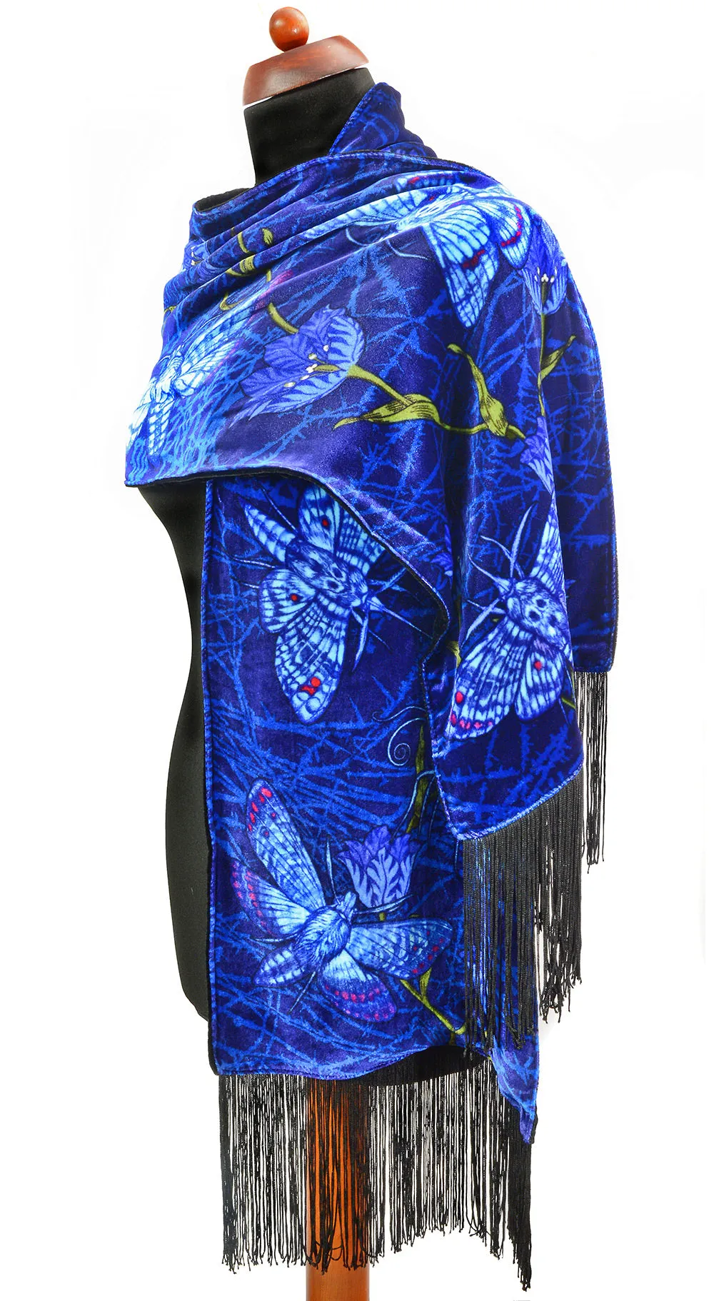 Hawkmoths at Dusk, silk velvet scarf. BLACK back.