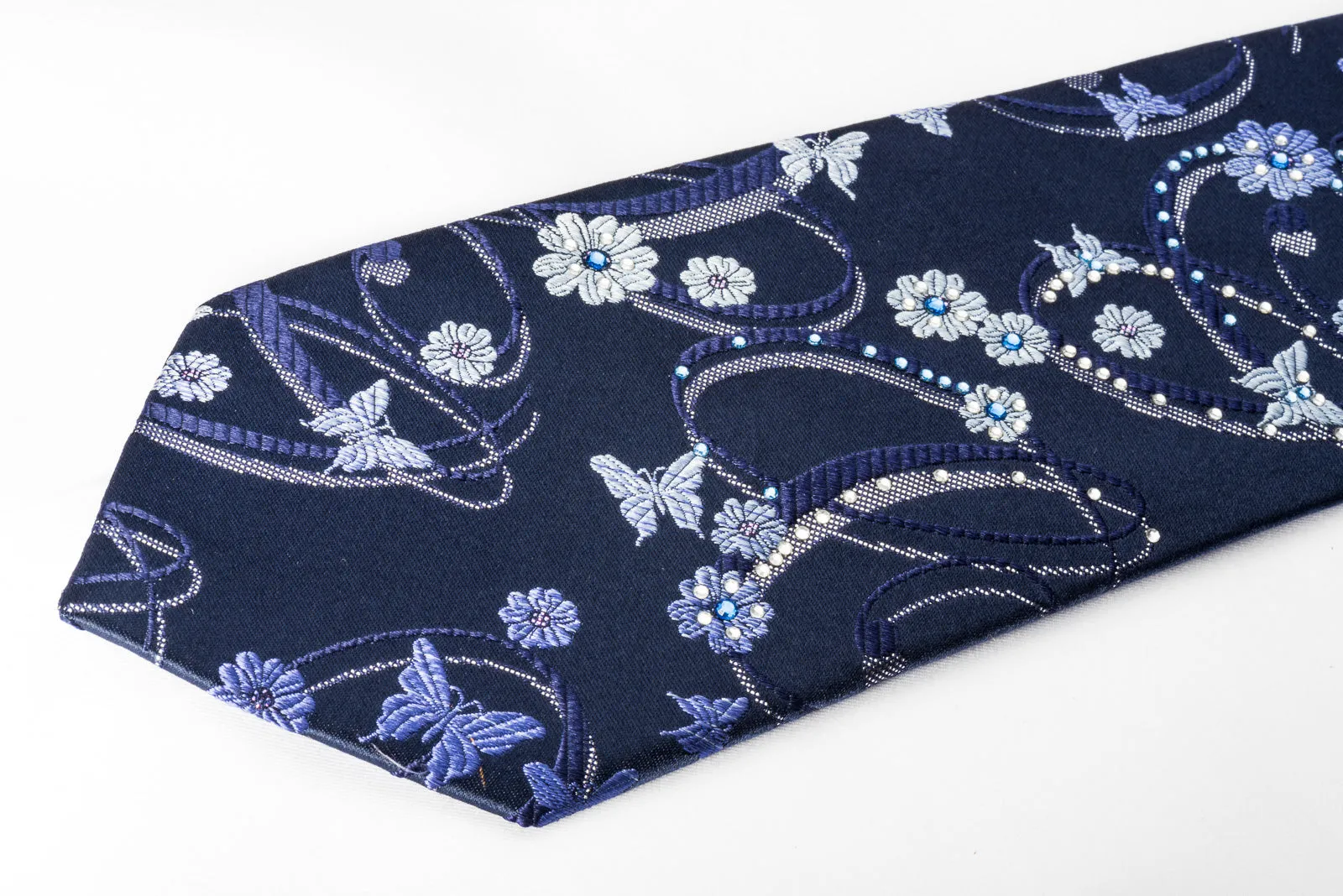 Indian Homme Rhinestone Necktie Butterflies & Curls On Blue With Silver Sparkles