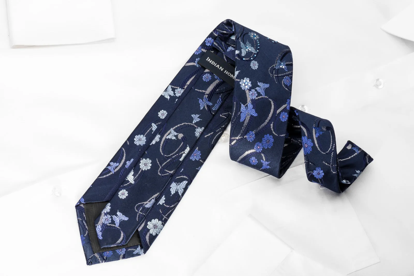 Indian Homme Rhinestone Necktie Butterflies & Curls On Blue With Silver Sparkles