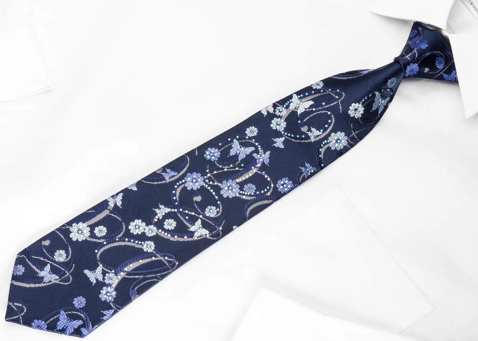 Indian Homme Rhinestone Necktie Butterflies & Curls On Blue With Silver Sparkles