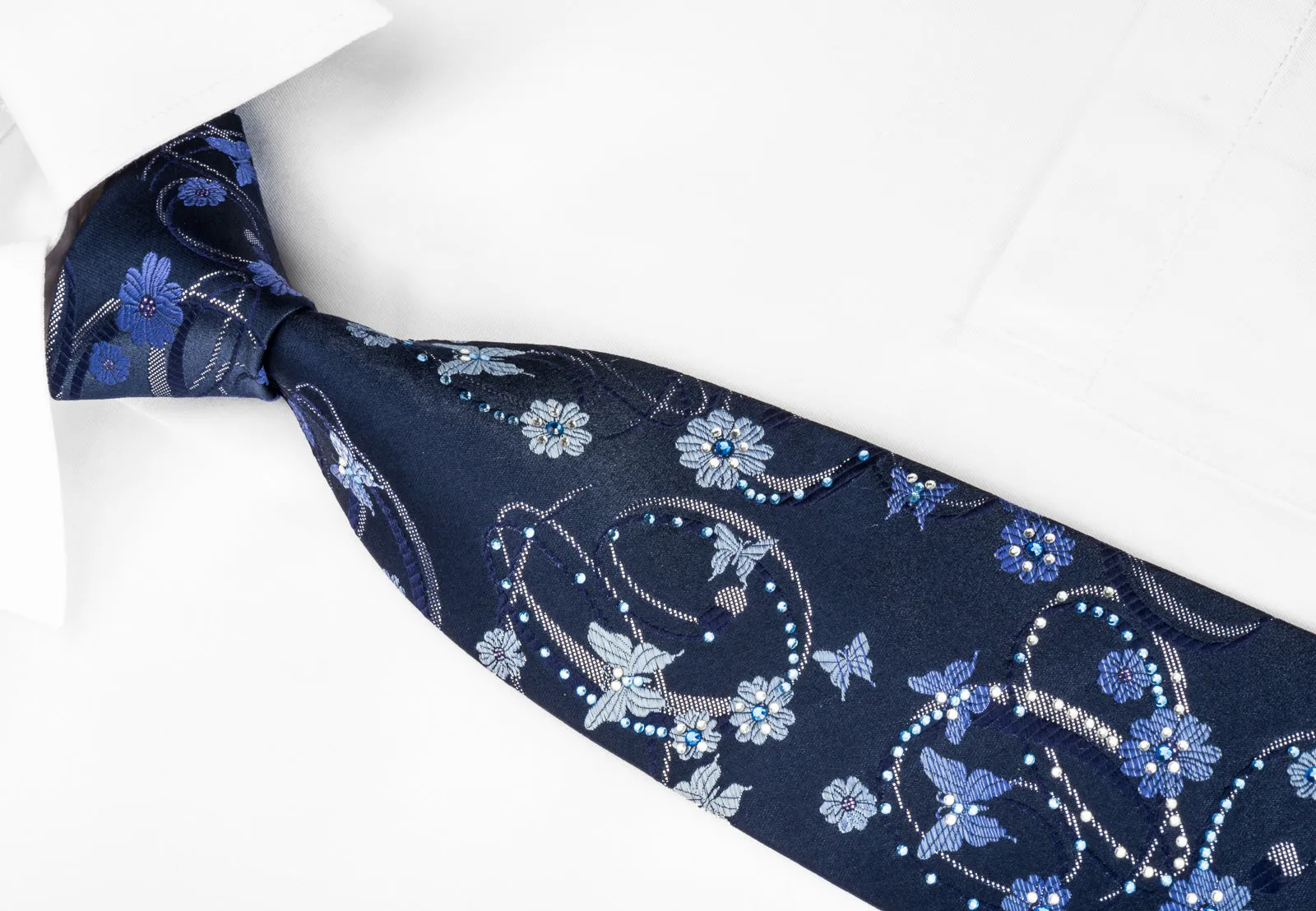 Indian Homme Rhinestone Necktie Butterflies & Curls On Blue With Silver Sparkles