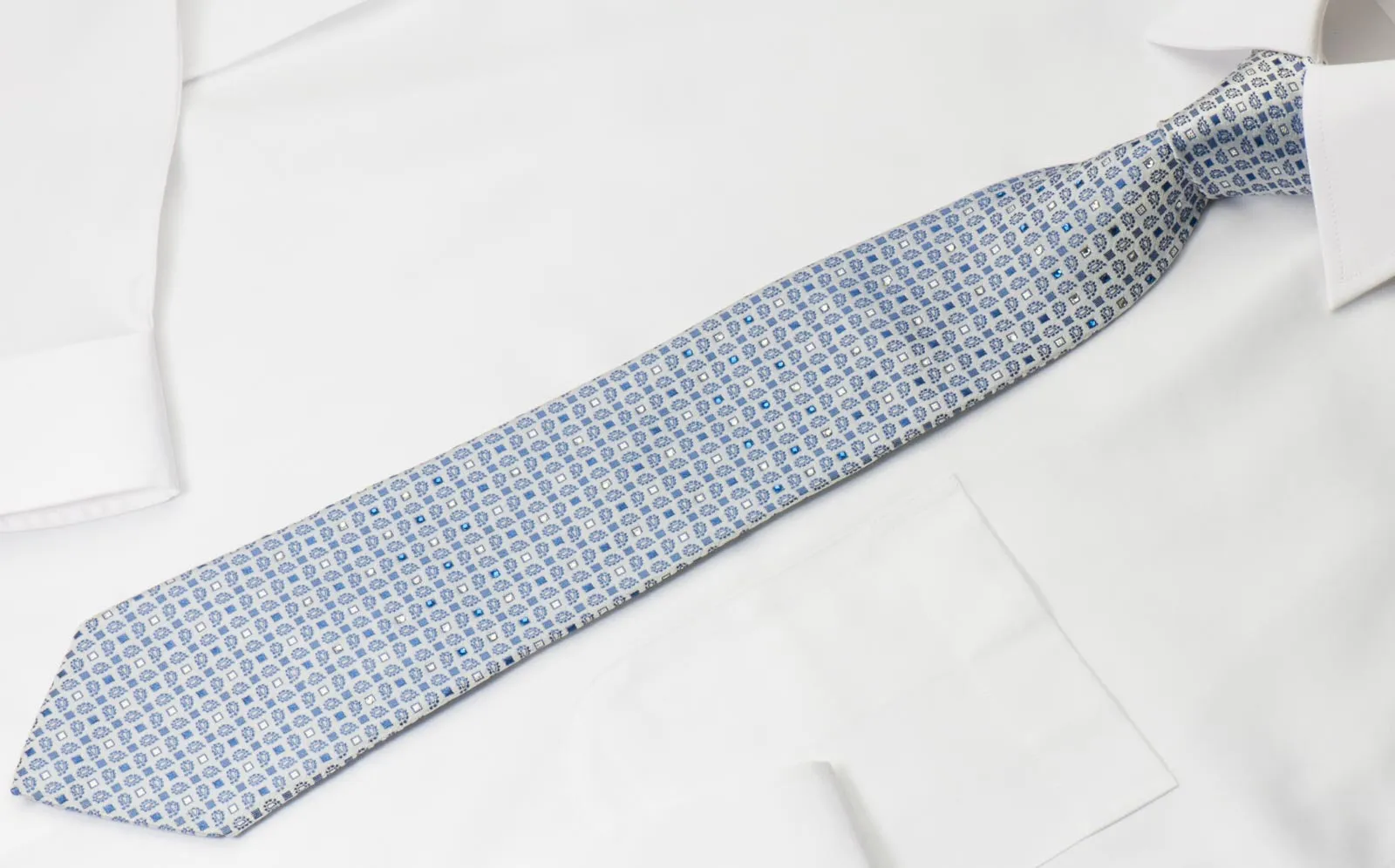 Indian Homme Rhinestone Tie Blue Paisley Motif On Silver Silk With Sparkles