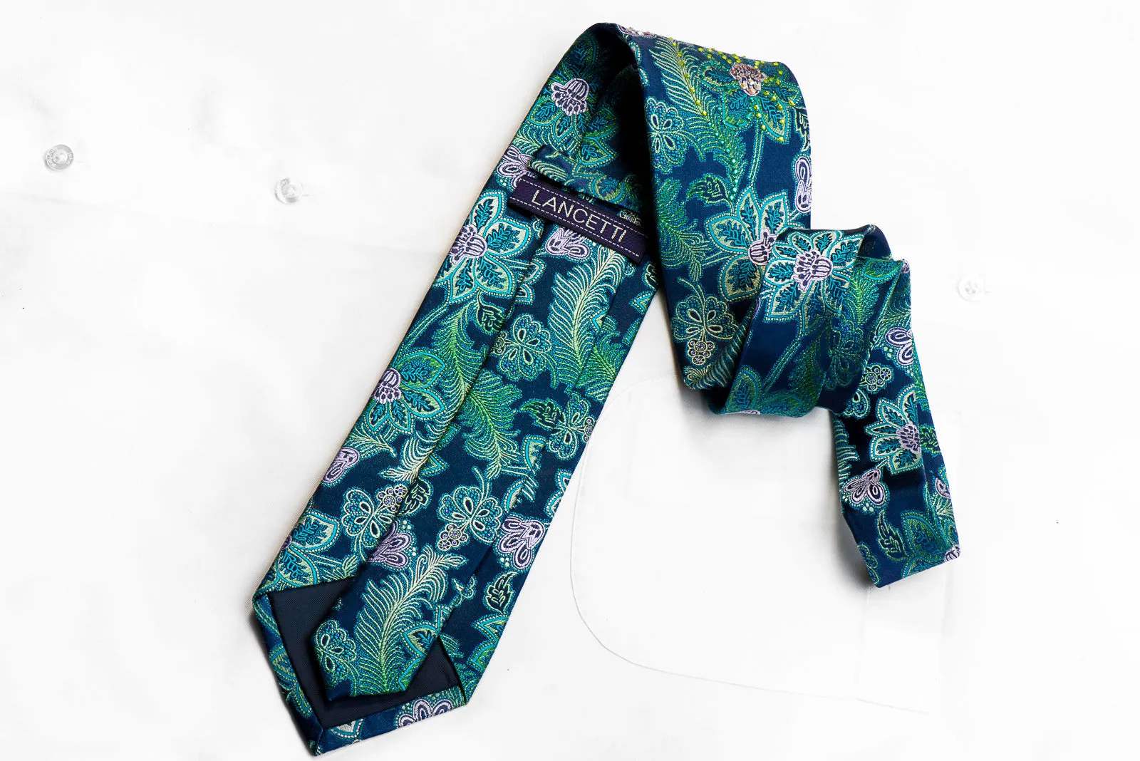 Lancetti Rhinestone Silk Necktie Floral Anthemion On Teal