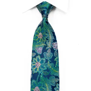 Lancetti Rhinestone Silk Necktie Floral Anthemion On Teal