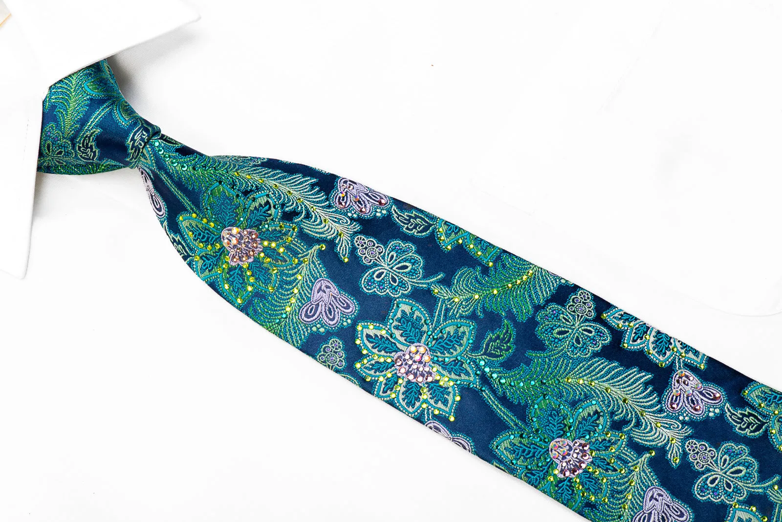 Lancetti Rhinestone Silk Necktie Floral Anthemion On Teal