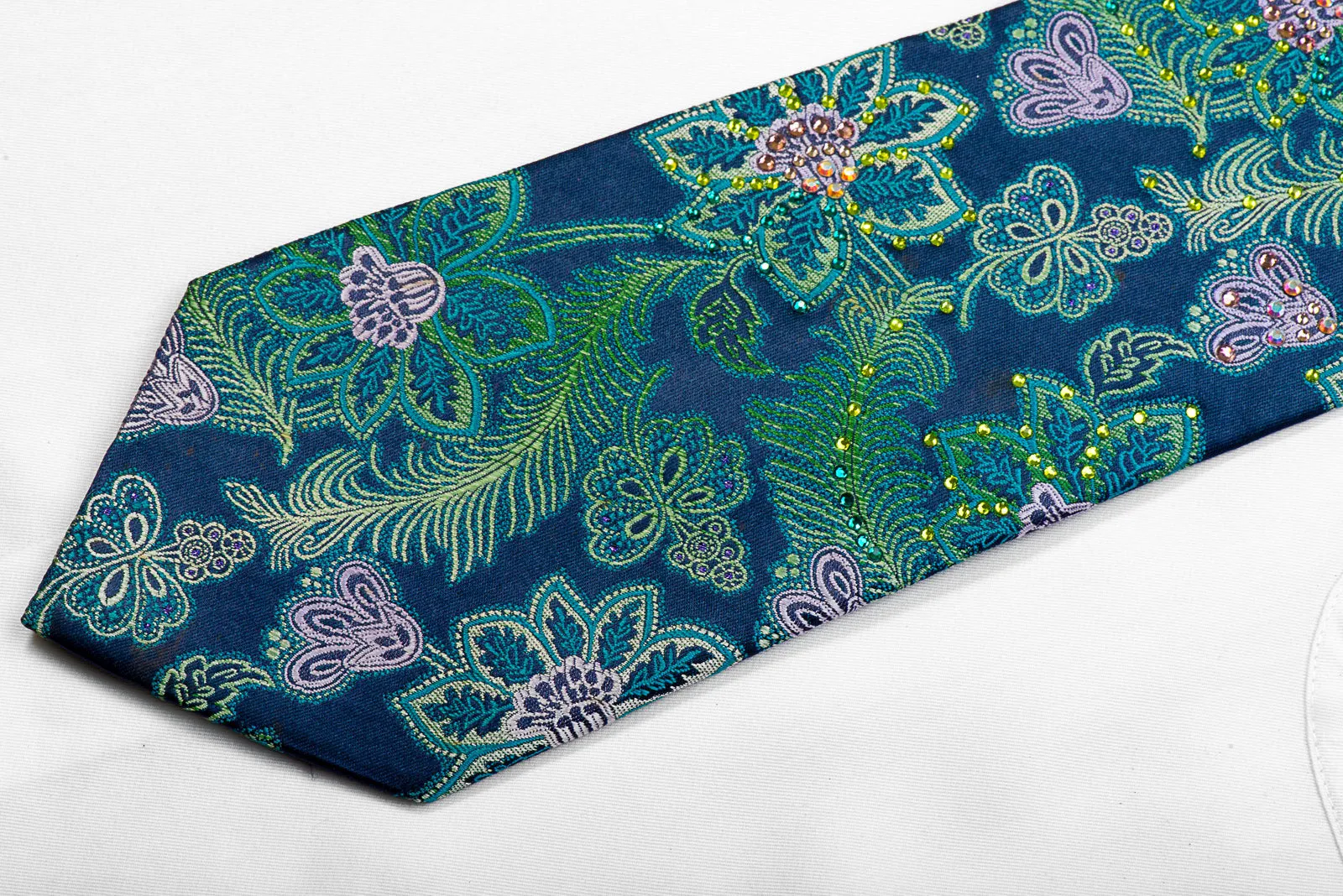 Lancetti Rhinestone Silk Necktie Floral Anthemion On Teal