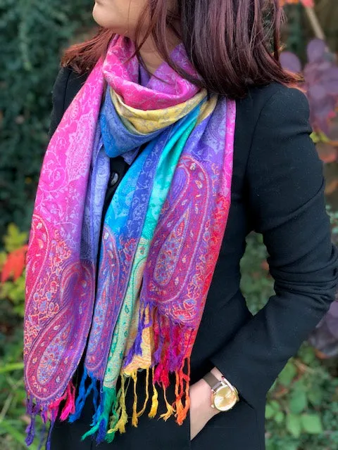 LARGE DARK MULTI-COLOUR PAISLEY PRINT PASHMINA SHAWL SCARF