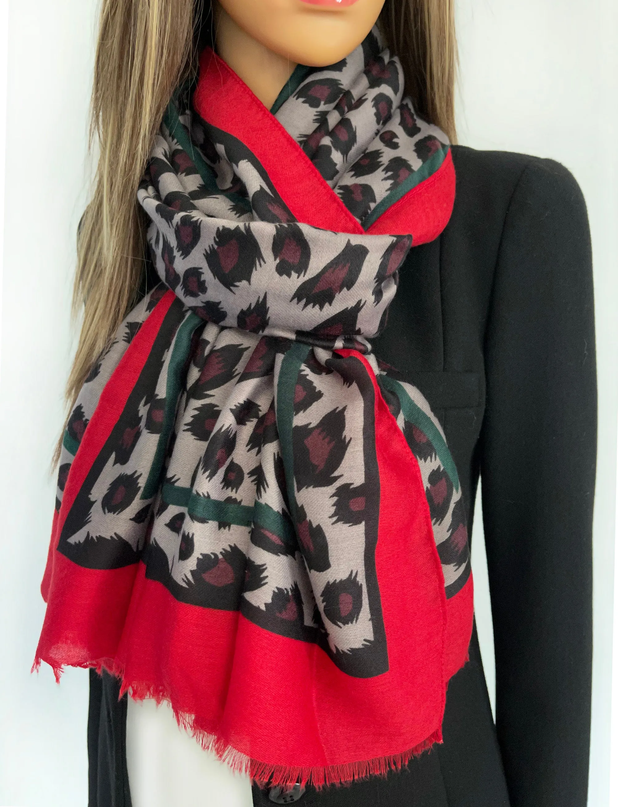 LARGE RED STRIPE LEOPARD PRINT SHAWL SCARF