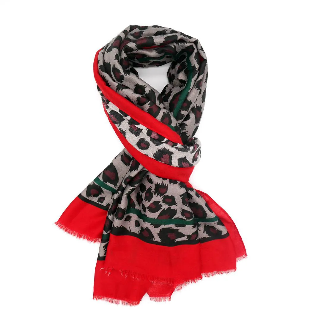 LARGE RED STRIPE LEOPARD PRINT SHAWL SCARF