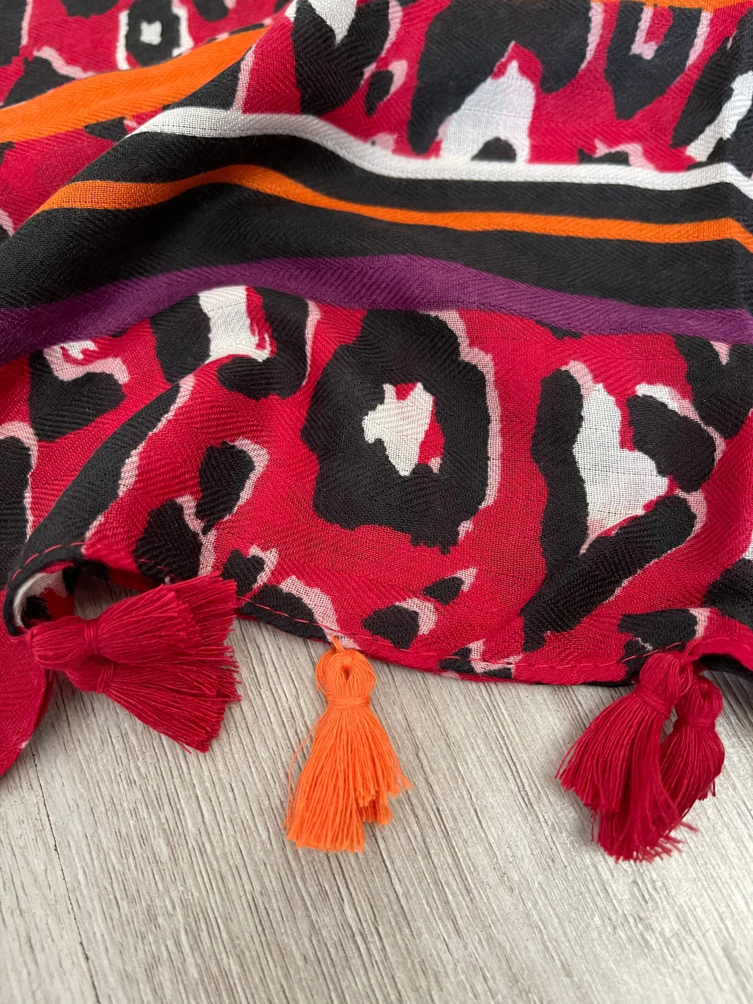 LARGE RED TRIBAL LEOPARD PRINT SCARF WITH TASSELS