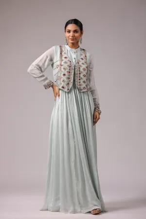 Light Blue Embroidered Premium Chinon Silk Jacket Gown