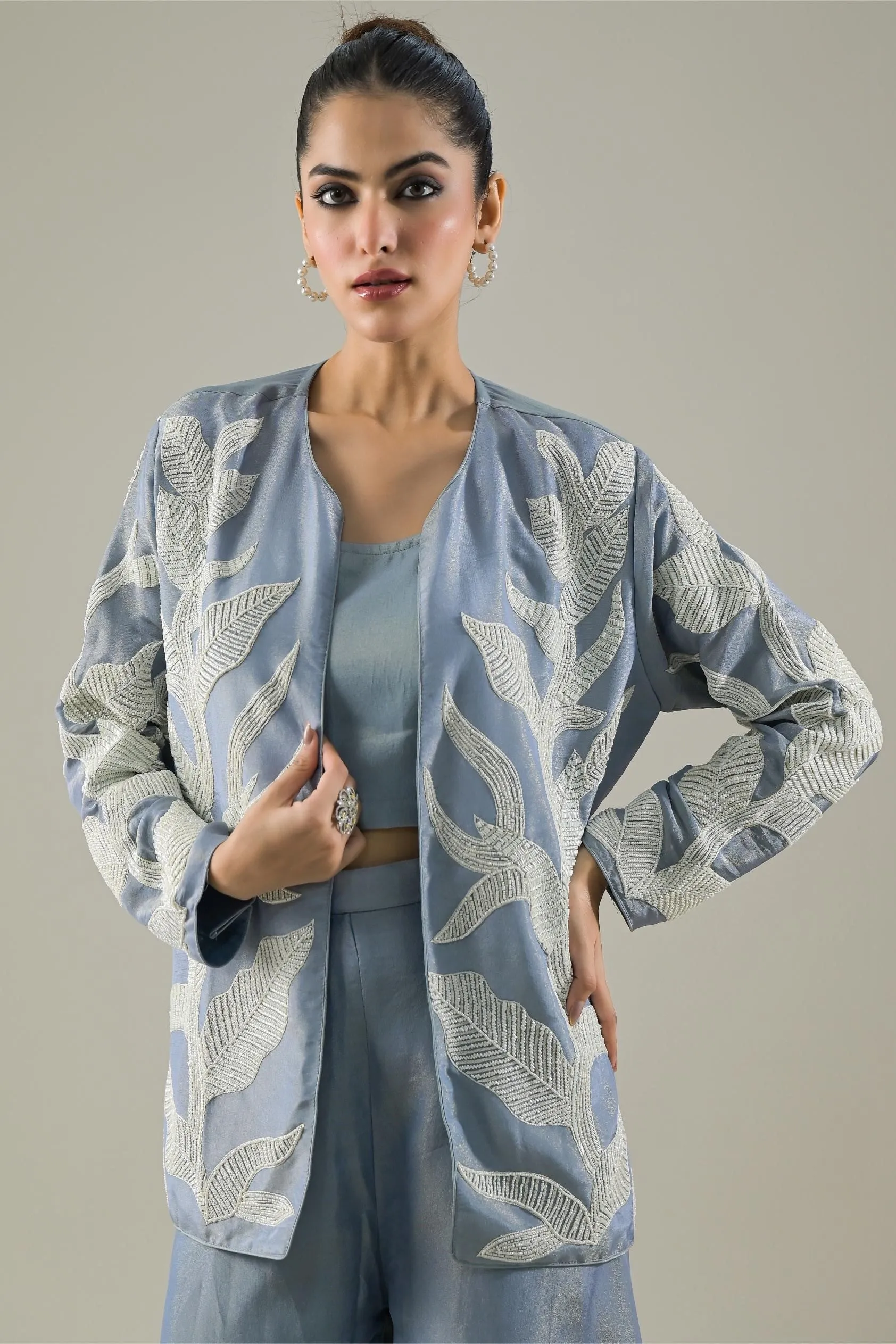 Light Blue Embroidered Shimmer Silk Jacket & Palazzo Set