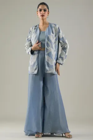 Light Blue Embroidered Shimmer Silk Jacket & Palazzo Set