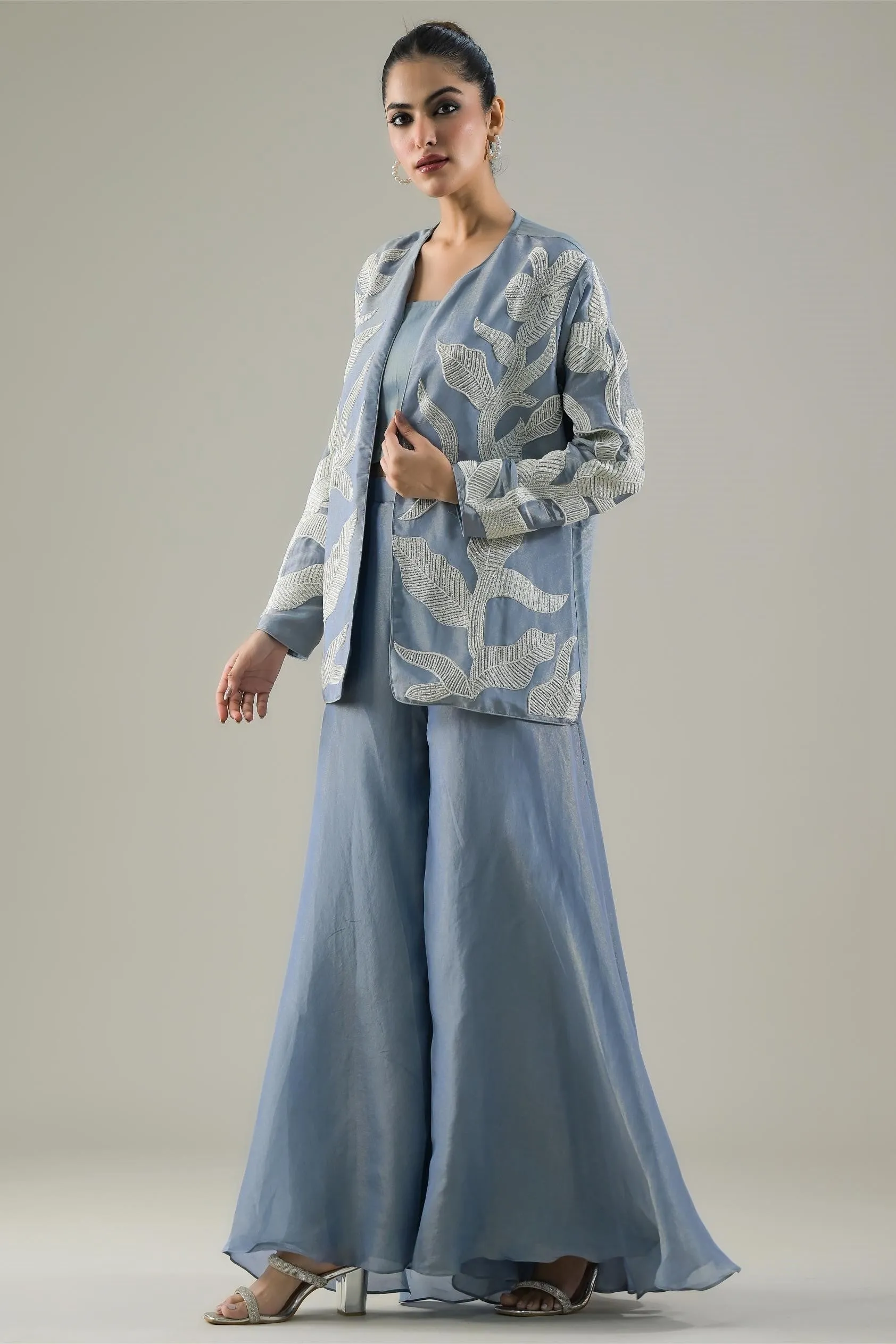 Light Blue Embroidered Shimmer Silk Jacket & Palazzo Set