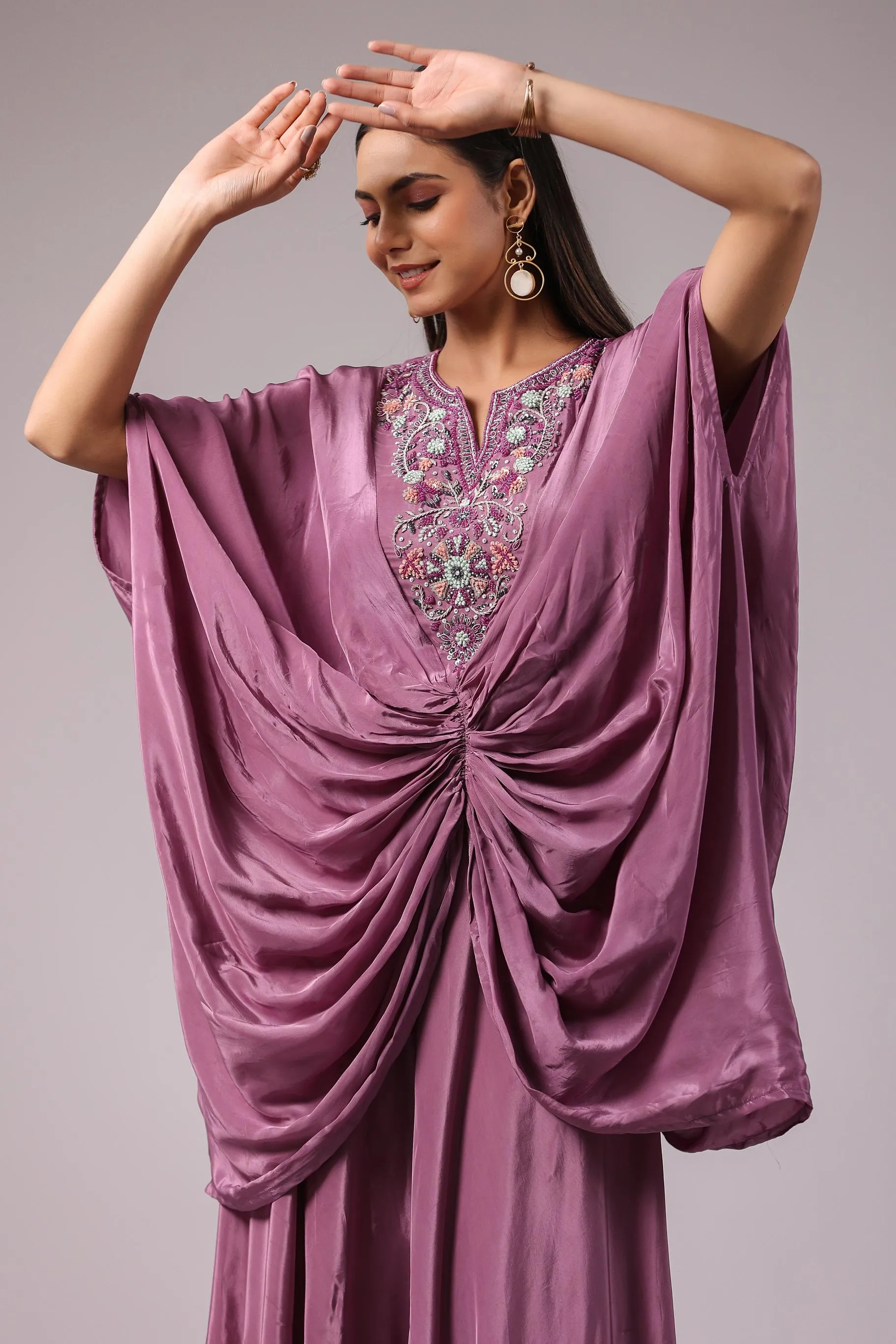 Light Mauve Embroidered Crepe Silk Draped Gown