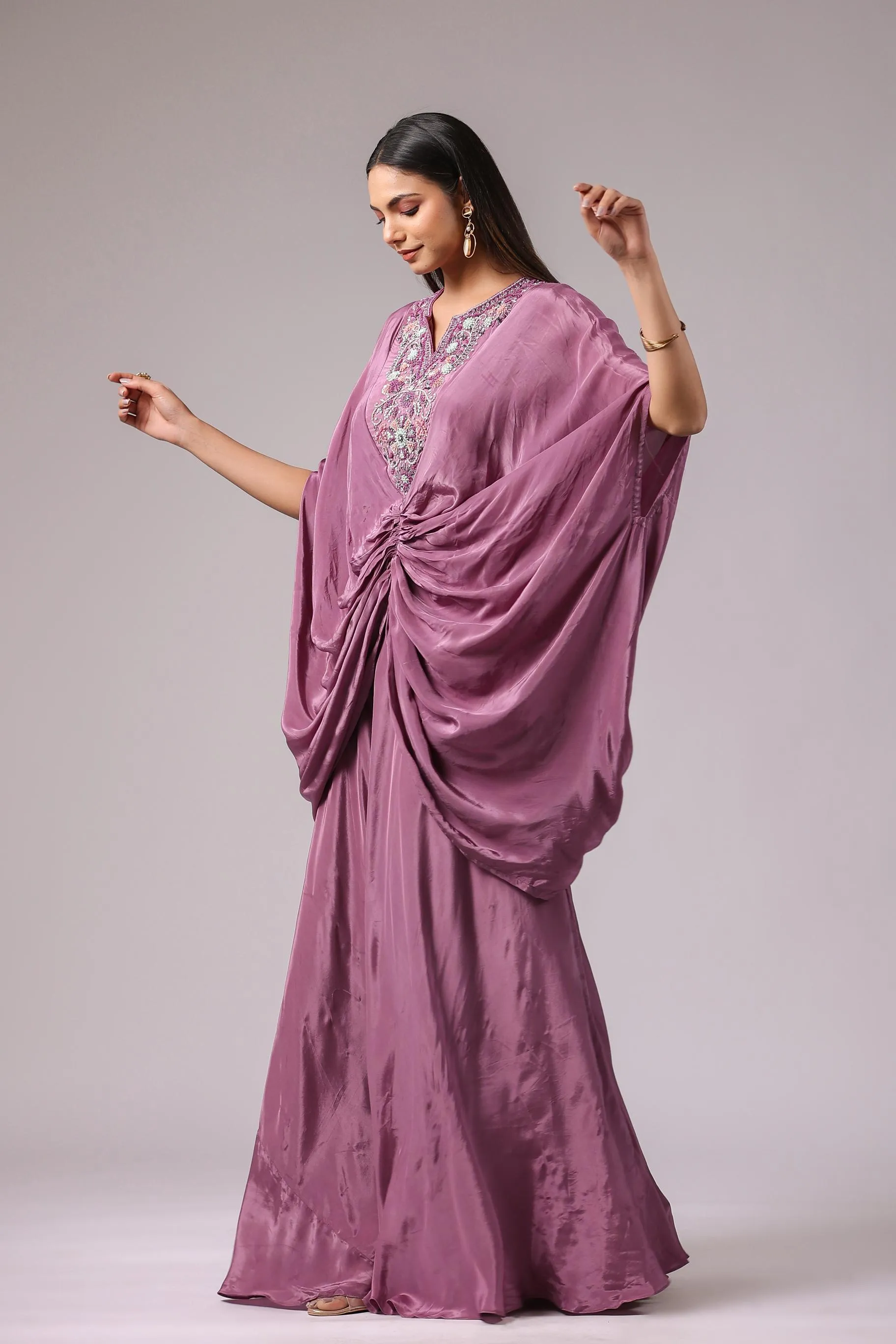 Light Mauve Embroidered Crepe Silk Draped Gown