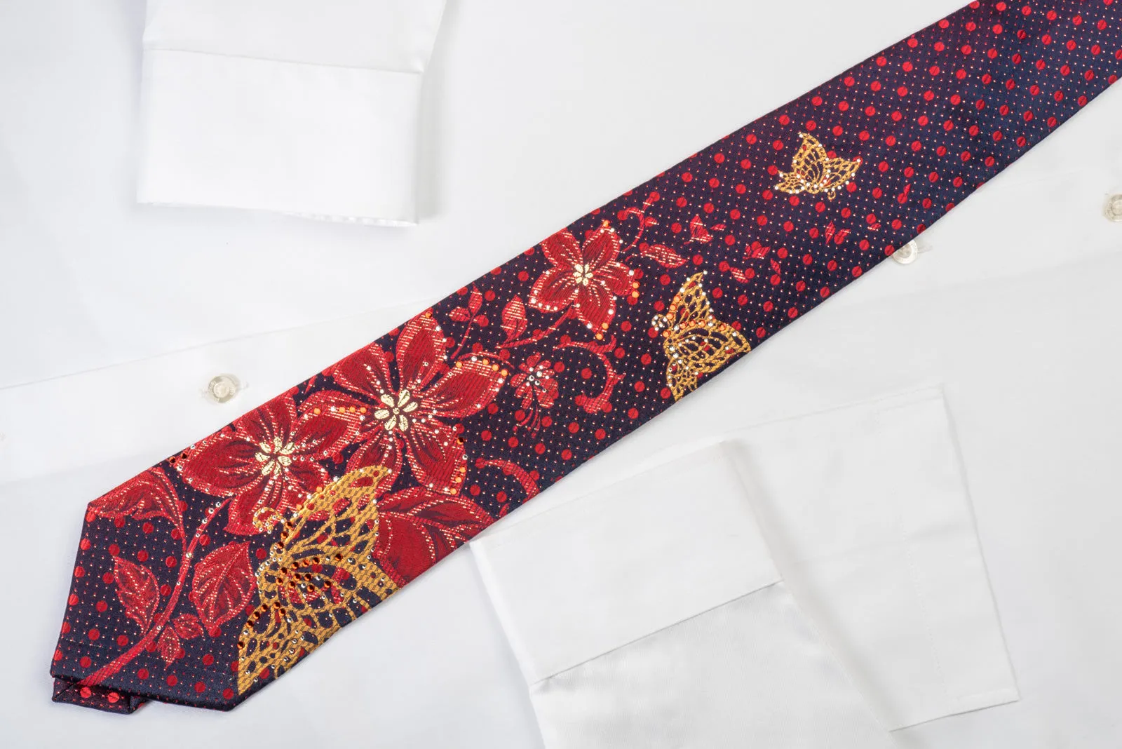 Louis Quatorze Swarovski Rhinestone Necktie Floral On Blue With Gold Sparkles