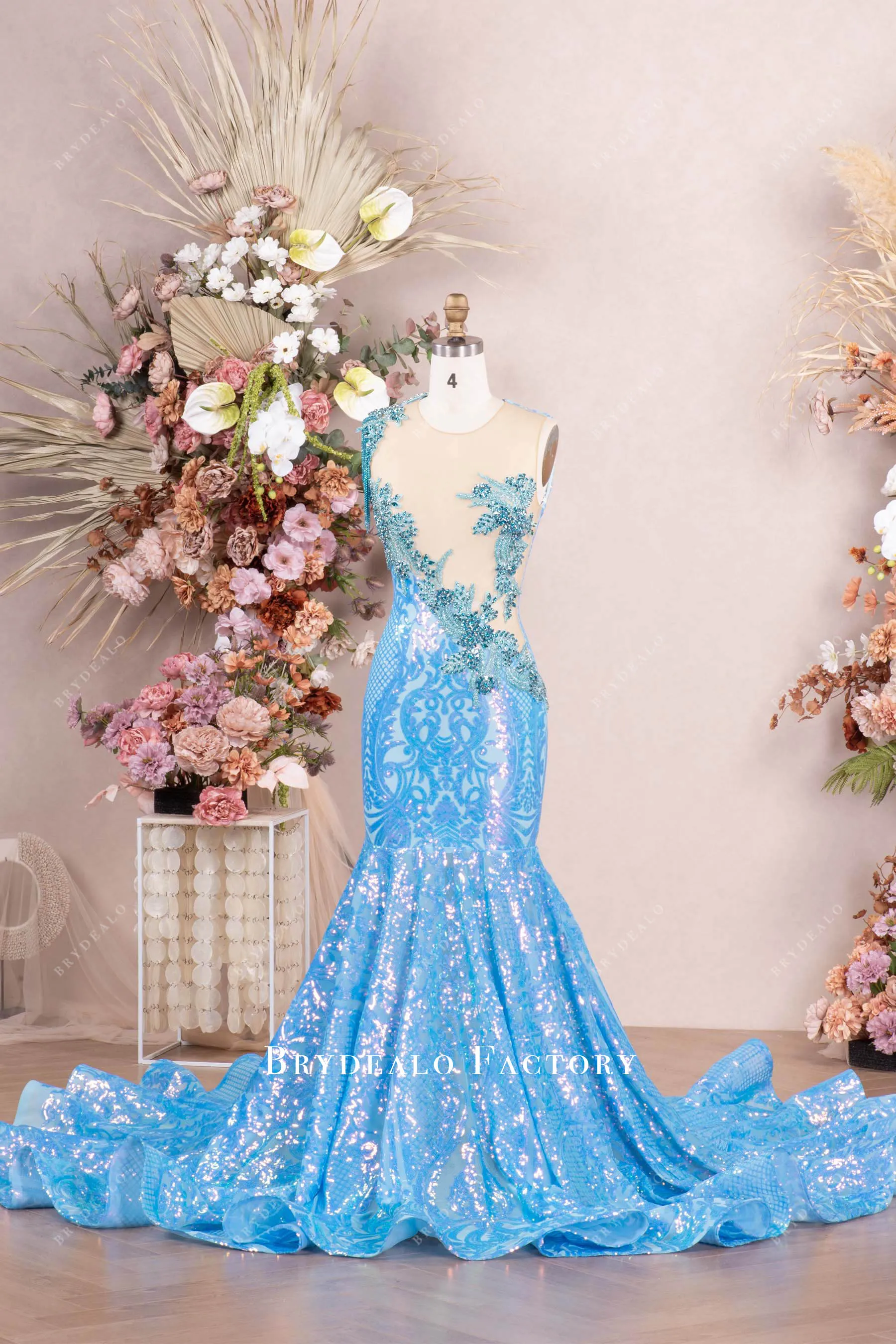 Luxury Rhinestone Tassel Applique Sequin Prom Dress